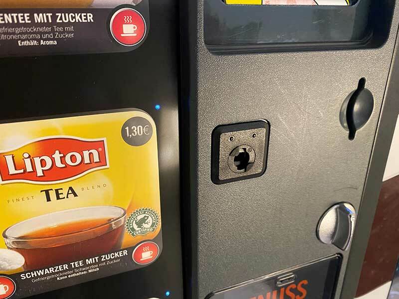 Closeup of Datakey KC4210 key receptacle on a Lavazza KLIX coffee vending machine.